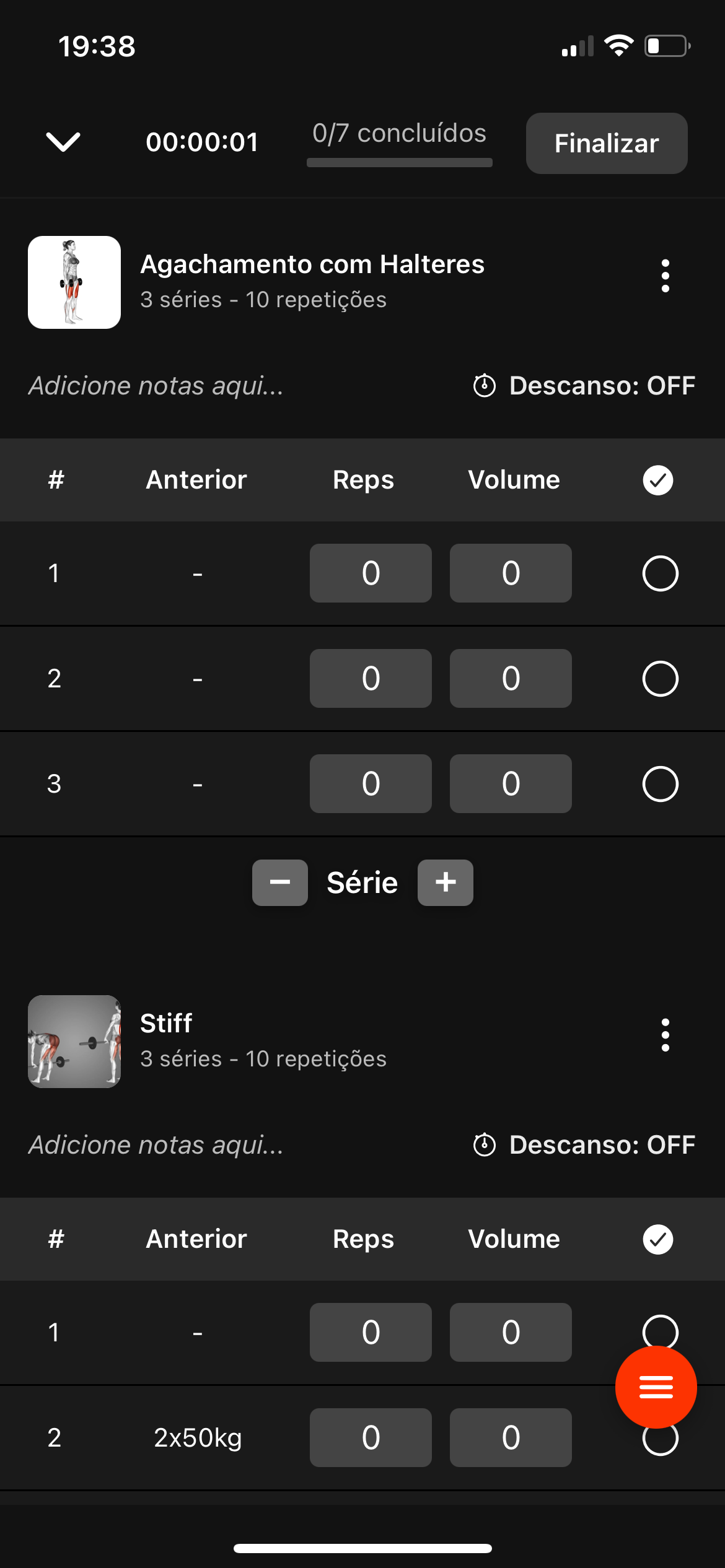 Tela de registro de treino do MeuTreinador